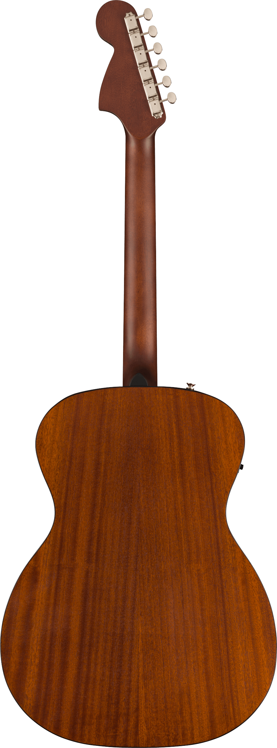 The image shows the back of an acoustic guitar with a honey-colored wooden body featuring natural grain. It has a classic curved shape, likely made of mahogany or similar wood. The wooden neck extends to a headstock with six chrome tuning pegs. The finish is smooth and traditional, highlighting quality craftsmanship and a natural wood stain that emphasizes the guitar’s tone and visual appeal.