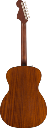 The image shows the back of an acoustic guitar with a honey-colored wooden body featuring natural grain. It has a classic curved shape, likely made of mahogany or similar wood. The wooden neck extends to a headstock with six chrome tuning pegs. The finish is smooth and traditional, highlighting quality craftsmanship and a natural wood stain that emphasizes the guitar’s tone and visual appeal.