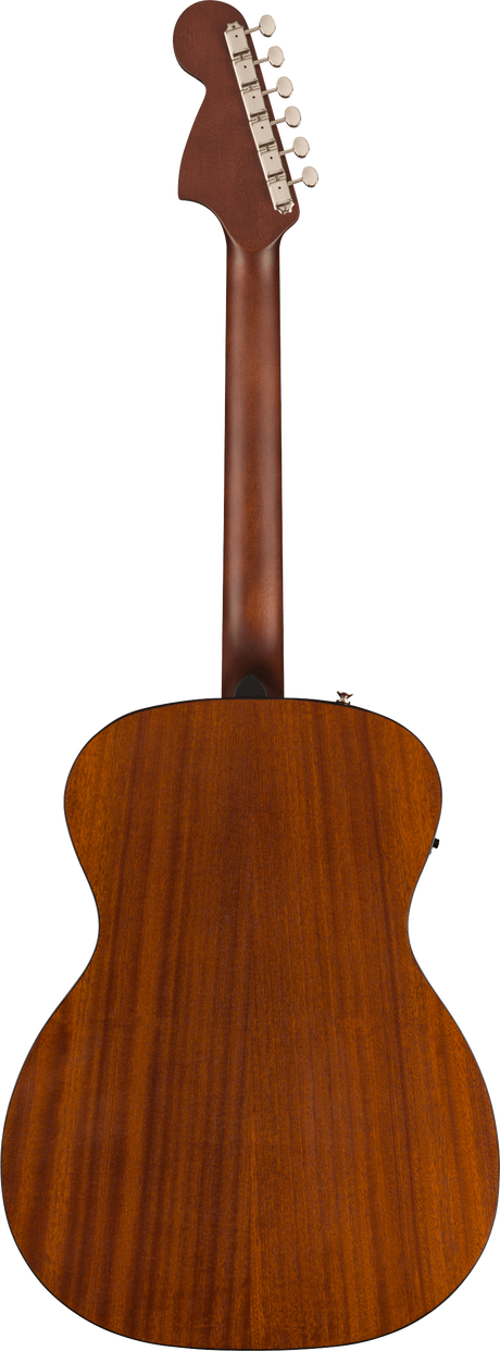 The image shows the back of an acoustic guitar with a honey-colored wooden body featuring natural grain. It has a classic curved shape, likely made of mahogany or similar wood. The wooden neck extends to a headstock with six chrome tuning pegs. The finish is smooth and traditional, highlighting quality craftsmanship and a natural wood stain that emphasizes the guitar’s tone and visual appeal.