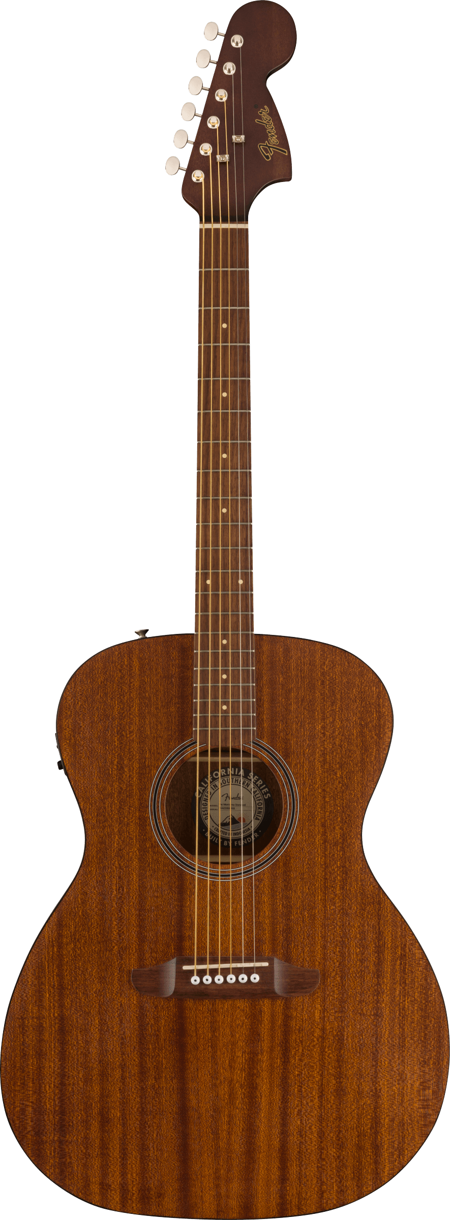 The image shows a Fender acoustic guitar with an all-mahogany body featuring rich wood grain and a classic concert or grand auditorium shape. It has a traditional sound hole with a decorative rosette, matching mahogany back and sides, a rosewood fretboard with dot inlays, and six chrome tuning pegs on a Fender headstock with a gold logo. The guitar’s warm, natural finish reflects its balanced midrange tone and quality Fender craftsmanship.