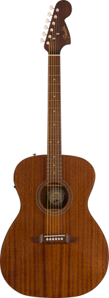 The image shows a Fender acoustic guitar with an all-mahogany body featuring rich wood grain and a classic concert or grand auditorium shape. It has a traditional sound hole with a decorative rosette, matching mahogany back and sides, a rosewood fretboard with dot inlays, and six chrome tuning pegs on a Fender headstock with a gold logo. The guitar’s warm, natural finish reflects its balanced midrange tone and quality Fender craftsmanship.