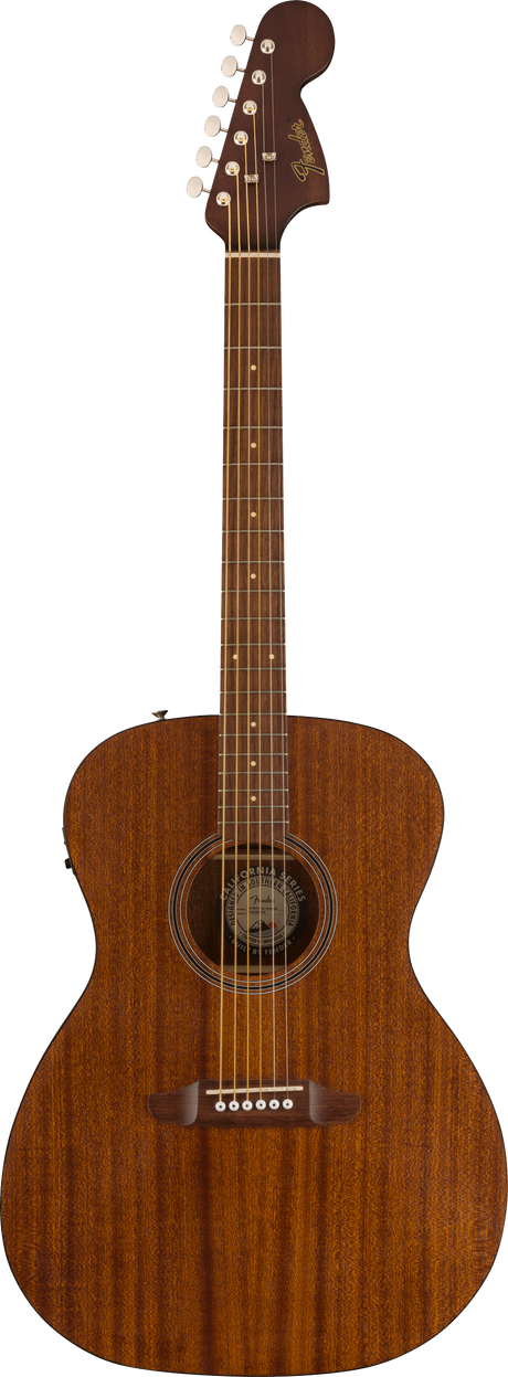 The image shows a Fender acoustic guitar with an all-mahogany body featuring rich wood grain and a classic concert or grand auditorium shape. It has a traditional sound hole with a decorative rosette, matching mahogany back and sides, a rosewood fretboard with dot inlays, and six chrome tuning pegs on a Fender headstock with a gold logo. The guitar’s warm, natural finish reflects its balanced midrange tone and quality Fender craftsmanship.