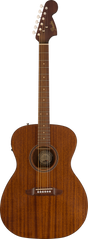 The image shows a Fender acoustic guitar with an all-mahogany body featuring rich wood grain and a classic concert or grand auditorium shape. It has a traditional sound hole with a decorative rosette, matching mahogany back and sides, a rosewood fretboard with dot inlays, and six chrome tuning pegs on a Fender headstock with a gold logo. The guitar’s warm, natural finish reflects its balanced midrange tone and quality Fender craftsmanship.