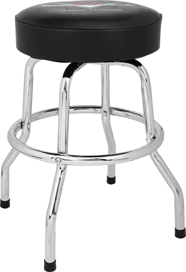 The image shows a classic guitar stool with a round, padded black seat, chrome-plated steel legs in a four-leg design, and a circular footrest ring. It has rubber feet caps to prevent slipping and possible branding on the seat. This sturdy stool is designed for musicians, offering comfortable seating and proper posture for playing guitar or other instruments.