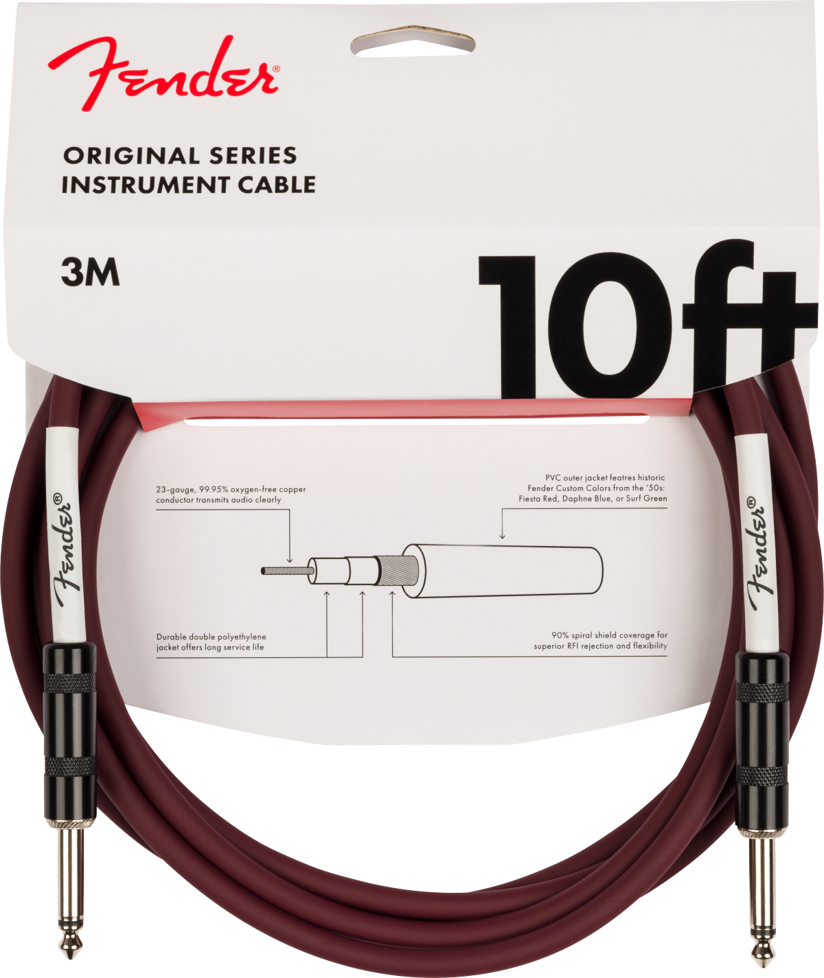Fender instrument cable packaging with cable coiled on a white background