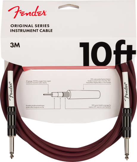 Fender instrument cable packaging with cable coiled on a white background