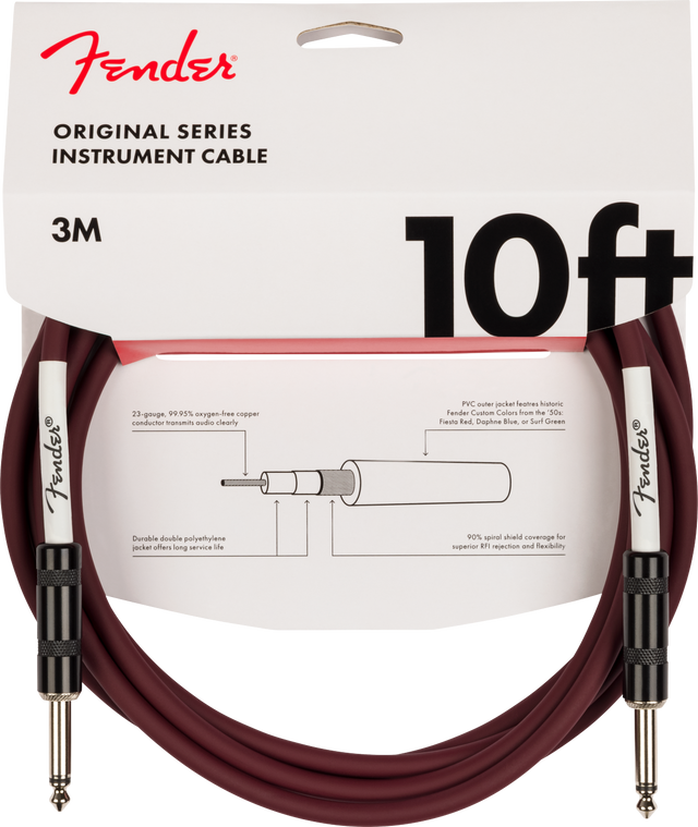 Fender instrument cable packaging with cable coiled on a white background