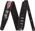 The image shows a black guitar strap featuring colorful floral and paisley patterns in pink and green along its center, with gray feather-like designs and a black leather patch. It has adjustable holes, reinforced ends for attachment, and padding for shoulder comfort. Combining functionality with decorative art, this strap suits various musical styles and helps guitarists play while standing.