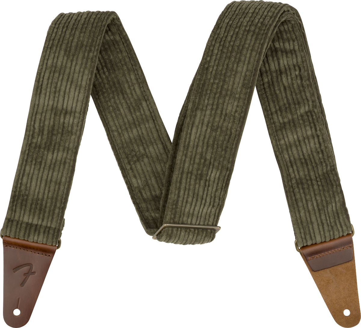 The image shows a guitar strap made of olive green corduroy fabric with ribbed texture and brown leather end tabs. It features an adjustable slider mechanism and a "Fender" logo embossed on one leather end. Designed for comfort and durability, the strap securely attaches to guitars, making it suitable for both acoustic and electric instruments.