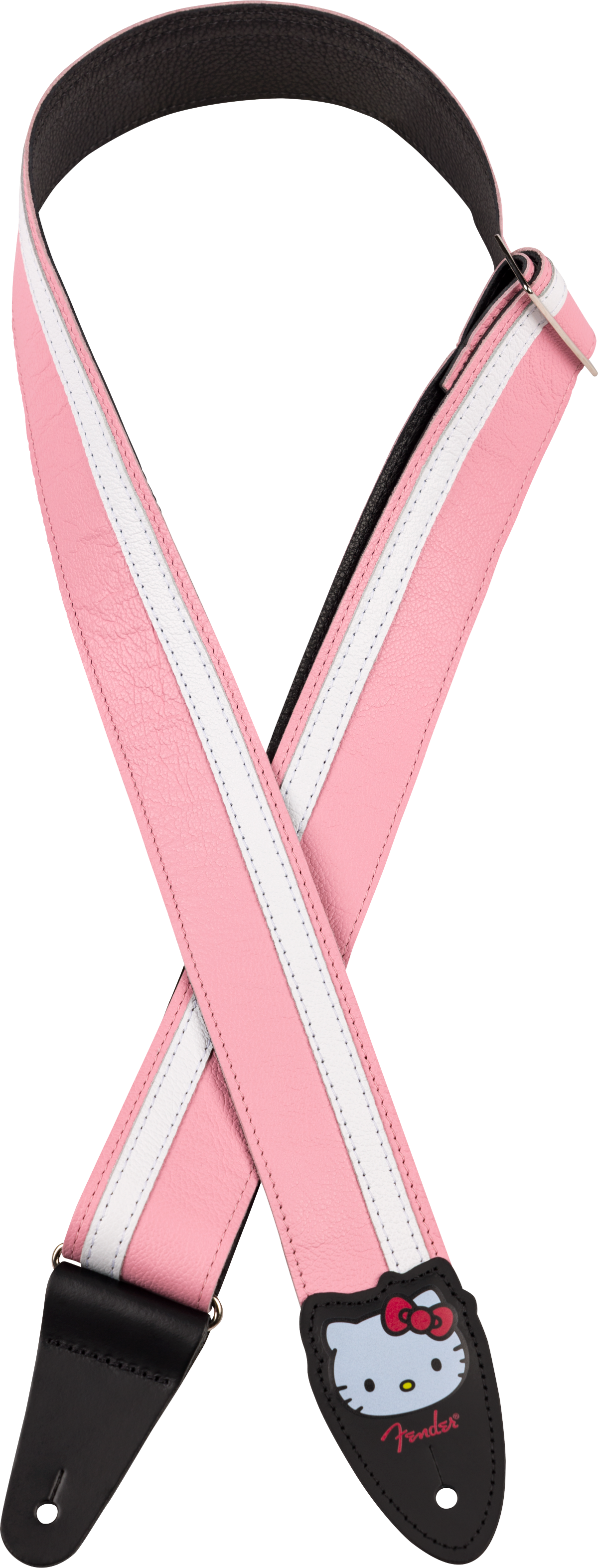 The image shows a pink and white striped guitar strap with black leather ends. One end features a Hello Kitty design and the red Fender logo. This themed strap adds personality for Hello Kitty fans and guitarists, providing support by distributing the instrument's weight. The leather ends securely attach to the guitar's strap buttons or locks.