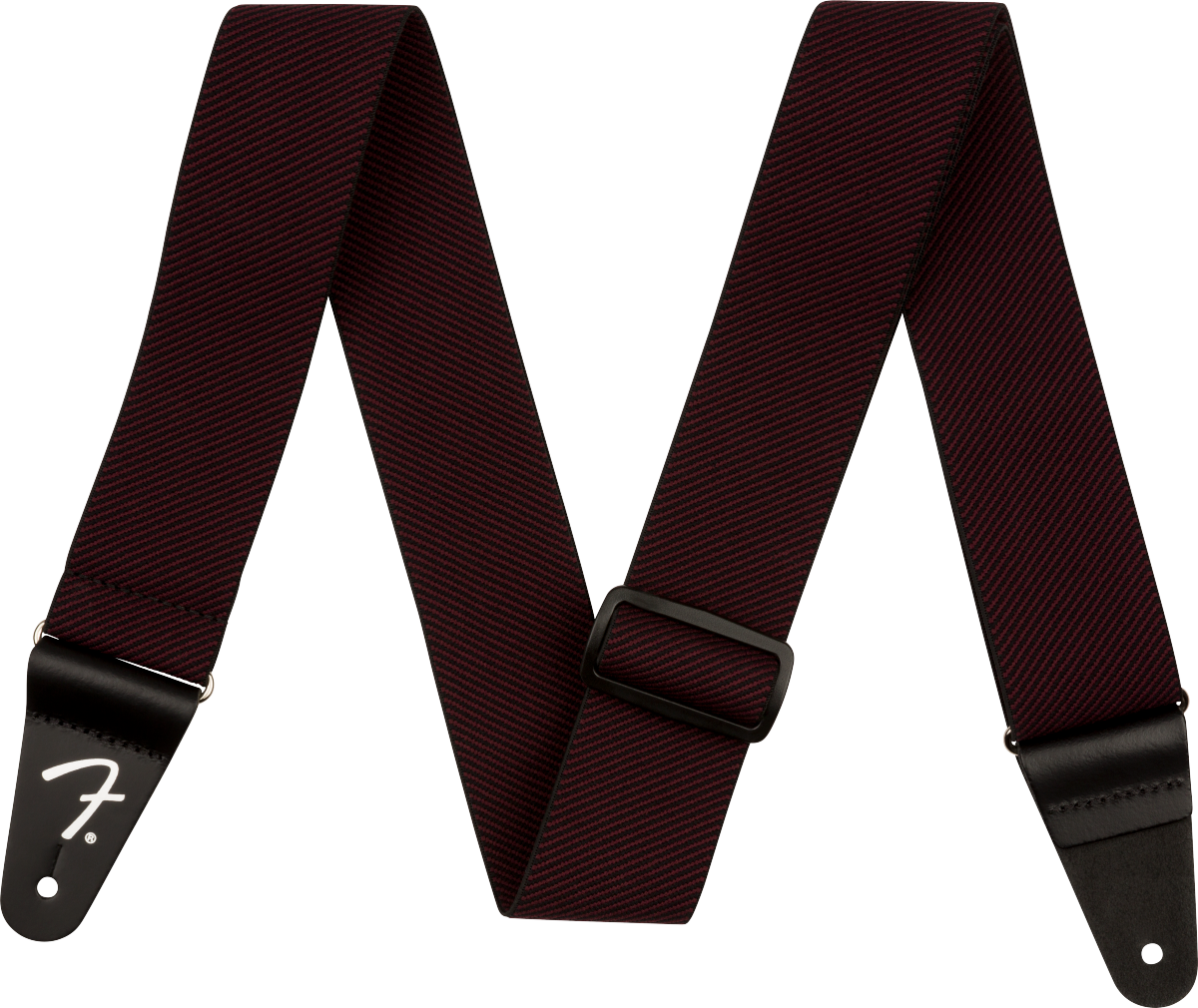 A dark red tweed guitar strap with Fender branding on a white background
