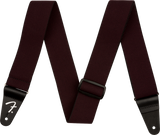 A dark red tweed guitar strap with Fender branding on a white background