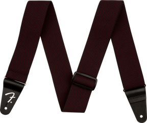 A dark red tweed guitar strap with Fender branding on a white background