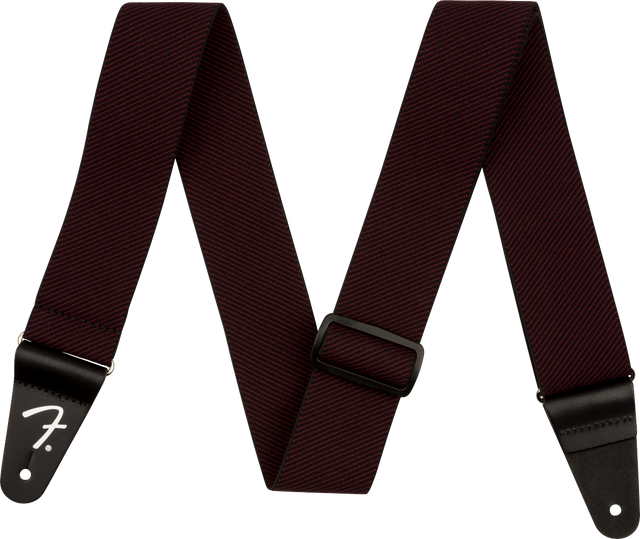 A dark red tweed guitar strap with Fender branding on a white background