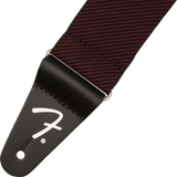 Guitar strap with red and black checkered pattern and Fender logo on a white background