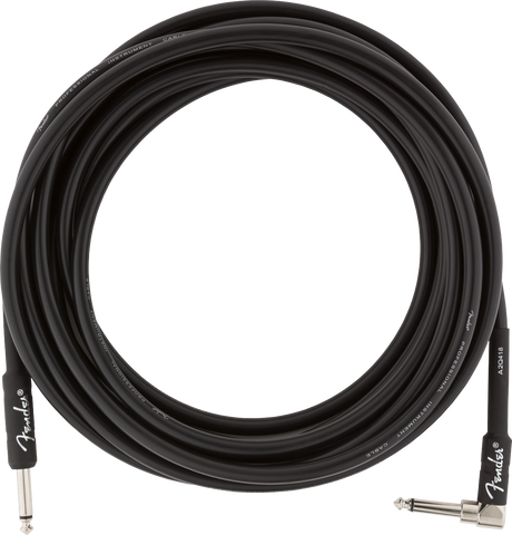 The image shows a black Fender instrument cable with 1/4-inch jack connectors: one straight and one right-angle. Commonly used to connect electric guitars, basses, keyboards, and other instruments to amps or pedals, the right-angle plug helps save space and reduce strain. Fender branding indicates a professional-grade cable designed to deliver clear audio with minimal noise, essential for musicians.