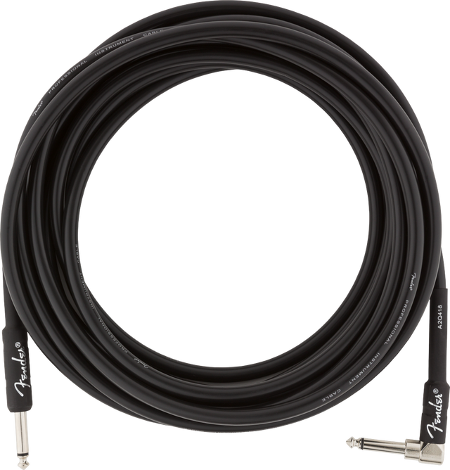 The image shows a black Fender instrument cable with 1/4-inch jack connectors: one straight and one right-angle. Commonly used to connect electric guitars, basses, keyboards, and other instruments to amps or pedals, the right-angle plug helps save space and reduce strain. Fender branding indicates a professional-grade cable designed to deliver clear audio with minimal noise, essential for musicians.