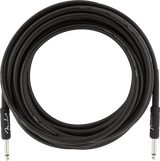 The image shows a Fender Professional Instrument Cable with a black jacket featuring "FENDER" and "PROFESSIONAL INSTRUMENT CABLE" text. It has 1/4" TS connectors on both ends, standard for guitars and basses. The cable is built for reliable signal transmission and appears to be 10+ feet long, ideal for stage or studio use. Fender is a trusted brand known for quality musical instruments and accessories.