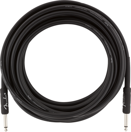 The image shows a Fender Professional Instrument Cable with a black jacket featuring "FENDER" and "PROFESSIONAL INSTRUMENT CABLE" text. It has 1/4" TS connectors on both ends, standard for guitars and basses. The cable is built for reliable signal transmission and appears to be 10+ feet long, ideal for stage or studio use. Fender is a trusted brand known for quality musical instruments and accessories.