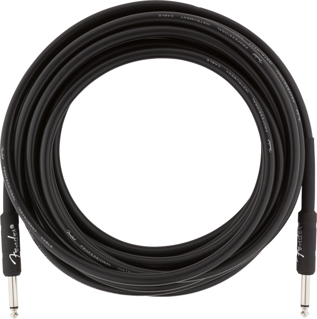 The image shows a Fender Professional Instrument Cable with a black jacket featuring "FENDER" and "PROFESSIONAL INSTRUMENT CABLE" text. It has 1/4" TS connectors on both ends, standard for guitars and basses. The cable is built for reliable signal transmission and appears to be 10+ feet long, ideal for stage or studio use. Fender is a trusted brand known for quality musical instruments and accessories.