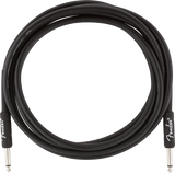 The image shows a coiled black Fender instrument cable with 1/4-inch TS (Tip-Sleeve) plugs on both ends. The cable features Fender branding on the connectors and printed text along the jacket. This professional-quality audio cable is commonly used to connect electric guitars, basses, keyboards, and other instruments to amplifiers or audio equipment.