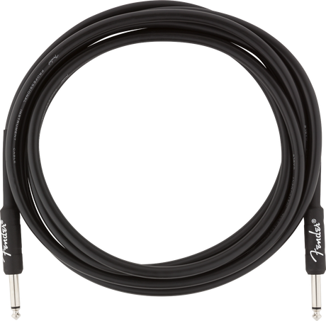 The image shows a coiled black Fender instrument cable with 1/4-inch TS (Tip-Sleeve) plugs on both ends. The cable features Fender branding on the connectors and printed text along the jacket. This professional-quality audio cable is commonly used to connect electric guitars, basses, keyboards, and other instruments to amplifiers or audio equipment.