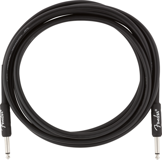 The image shows a coiled black Fender instrument cable with 1/4-inch TS (Tip-Sleeve) plugs on both ends. The cable features Fender branding on the connectors and printed text along the jacket. This professional-quality audio cable is commonly used to connect electric guitars, basses, keyboards, and other instruments to amplifiers or audio equipment.