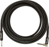 The image shows a black Fender professional instrument cable with the Fender logo and "Professional Instrument Cable" text along its length. It has standard 1/4" TS connectors, one straight and one right-angle plug, ideal for guitars and other instruments. This high-quality cable is used to connect electric instruments to amplifiers, pedals, or audio equipment, ensuring reliable signal transmission for live and studio use.