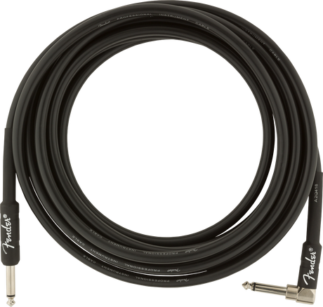 The image shows a black Fender professional instrument cable with the Fender logo and "Professional Instrument Cable" text along its length. It has standard 1/4" TS connectors, one straight and one right-angle plug, ideal for guitars and other instruments. This high-quality cable is used to connect electric instruments to amplifiers, pedals, or audio equipment, ensuring reliable signal transmission for live and studio use.