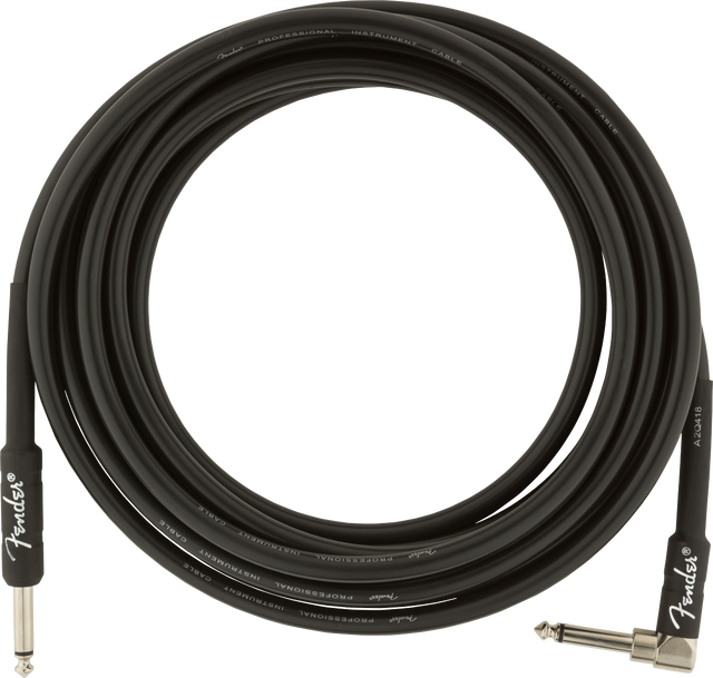 The image shows a black Fender professional instrument cable with the Fender logo and "Professional Instrument Cable" text along its length. It has standard 1/4" TS connectors, one straight and one right-angle plug, ideal for guitars and other instruments. This high-quality cable is used to connect electric instruments to amplifiers, pedals, or audio equipment, ensuring reliable signal transmission for live and studio use.
