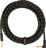 The image shows a Fender instrument cable with a black braided exterior and gold-plated 1/4" connectors—one straight and one right-angle plug. It includes a Fender-branded cable tie. Designed for electric guitars, basses, and keyboards, the cable offers durability, reduced interference, and reliable signal quality, with the right-angle plug minimizing strain on the instrument’s input jack.