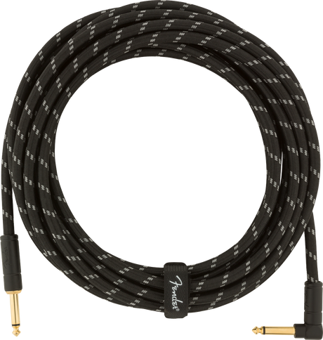 The image shows a Fender instrument cable with a black braided exterior and gold-plated 1/4" connectors—one straight and one right-angle plug. It includes a Fender-branded cable tie. Designed for electric guitars, basses, and keyboards, the cable offers durability, reduced interference, and reliable signal quality, with the right-angle plug minimizing strain on the instrument’s input jack.