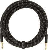 The image shows a professional Fender instrument cable with a black braided exterior featuring white/gray accents. It has gold-plated 1/4" TS connectors on both ends and is coiled, indicating a length of 15-20 feet. The cable includes visible Fender branding and is designed to reduce interference and ensure reliable signal transmission for electric guitars, basses, and other electronic instruments.
