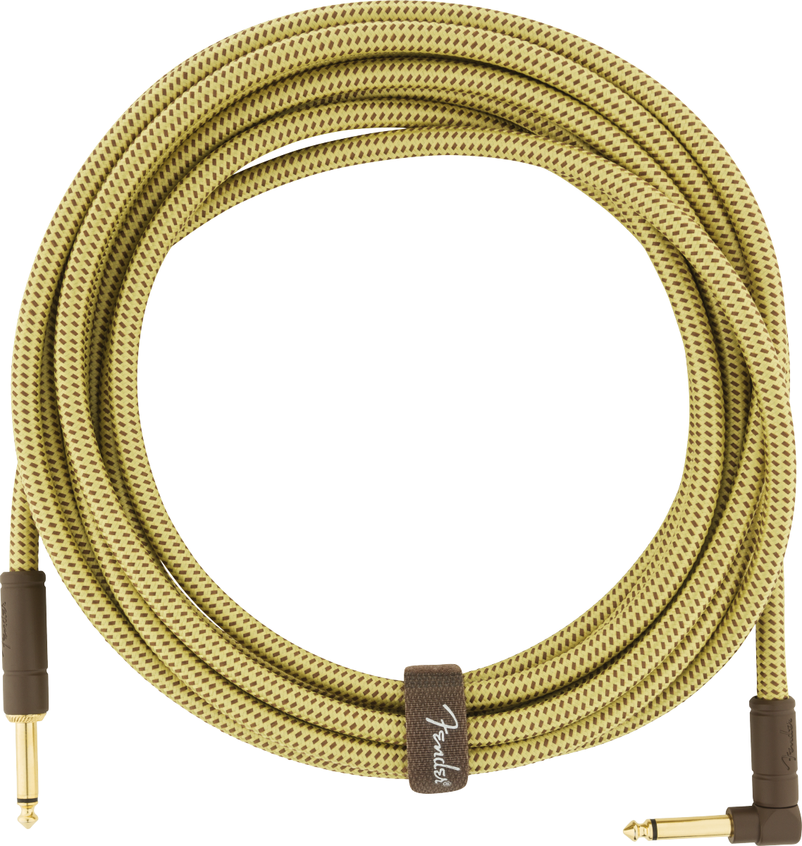 The image shows a Fender guitar cable with a yellow/tan tweed woven fabric covering featuring a diamond pattern. It has gold-plated 1/4" connectors: one straight and one right-angle plug. A brown fabric band with the Fender logo wraps the coiled cable. Designed for electric instruments, the vintage-style sheath offers durability, reduced tangling, and a classic look, while the right-angle plug minimizes strain on guitar input jacks.