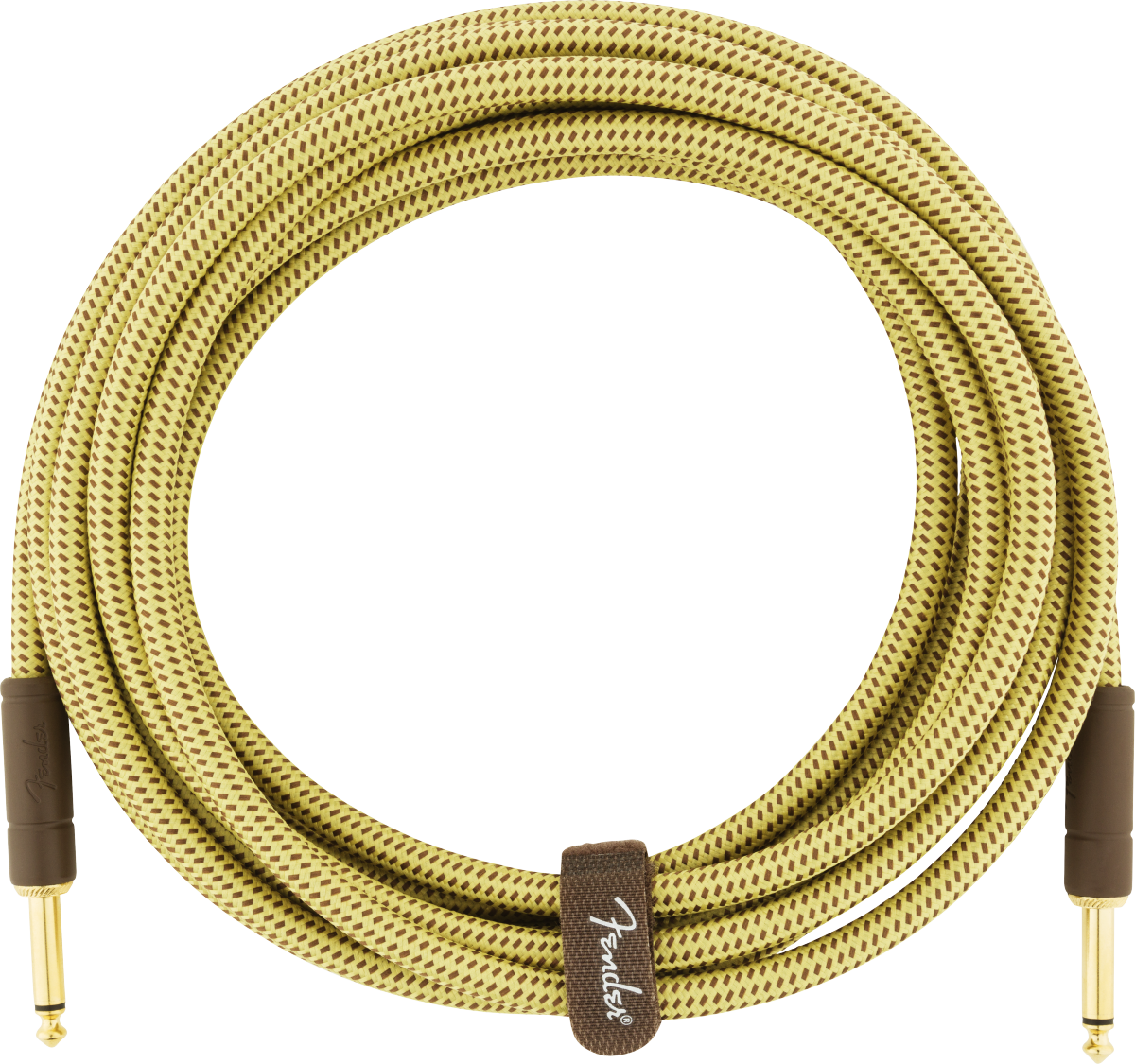 The image shows a high-quality Fender guitar cable with a vintage-style yellow and brown tweed woven fabric outer covering. It has gold-plated 1/4" TS connectors on both ends and a Fender-branded velcro strap for neat storage. This professional-grade instrument cable connects guitars or basses to amps and pedals, offering reliable signal quality and a classic vintage look.
