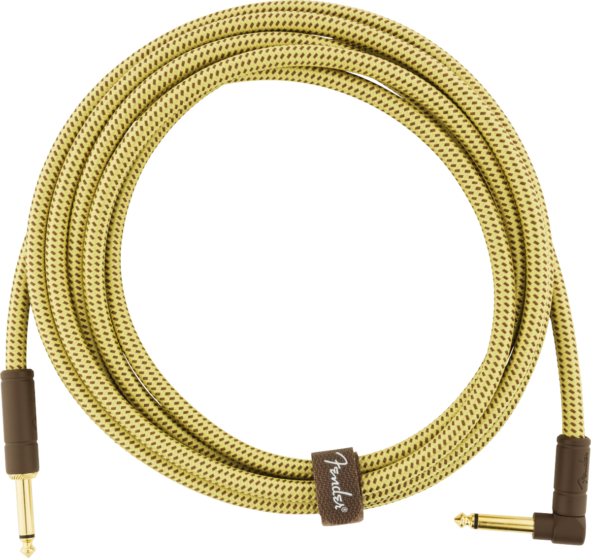 The image shows a Fender instrument cable with a yellow/gold woven tweed jacket and gold-plated 1/4" TS connectors—one straight and one right-angle. It includes a brown leather-like Fender-logo cable tie. Designed for electric guitars, basses, and other instruments, this vintage-style, shielded cable ensures high-quality signal transmission while minimizing noise, combining professional-grade build with classic aesthetics.