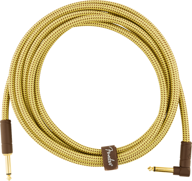 The image shows a Fender instrument cable with a yellow/gold woven tweed jacket and gold-plated 1/4" TS connectors—one straight and one right-angle. It includes a brown leather-like Fender-logo cable tie. Designed for electric guitars, basses, and other instruments, this vintage-style, shielded cable ensures high-quality signal transmission while minimizing noise, combining professional-grade build with classic aesthetics.