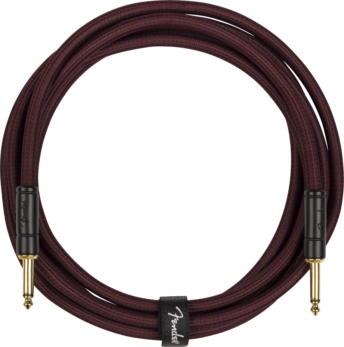 Coiled guitar cable with Fender logo on a white background