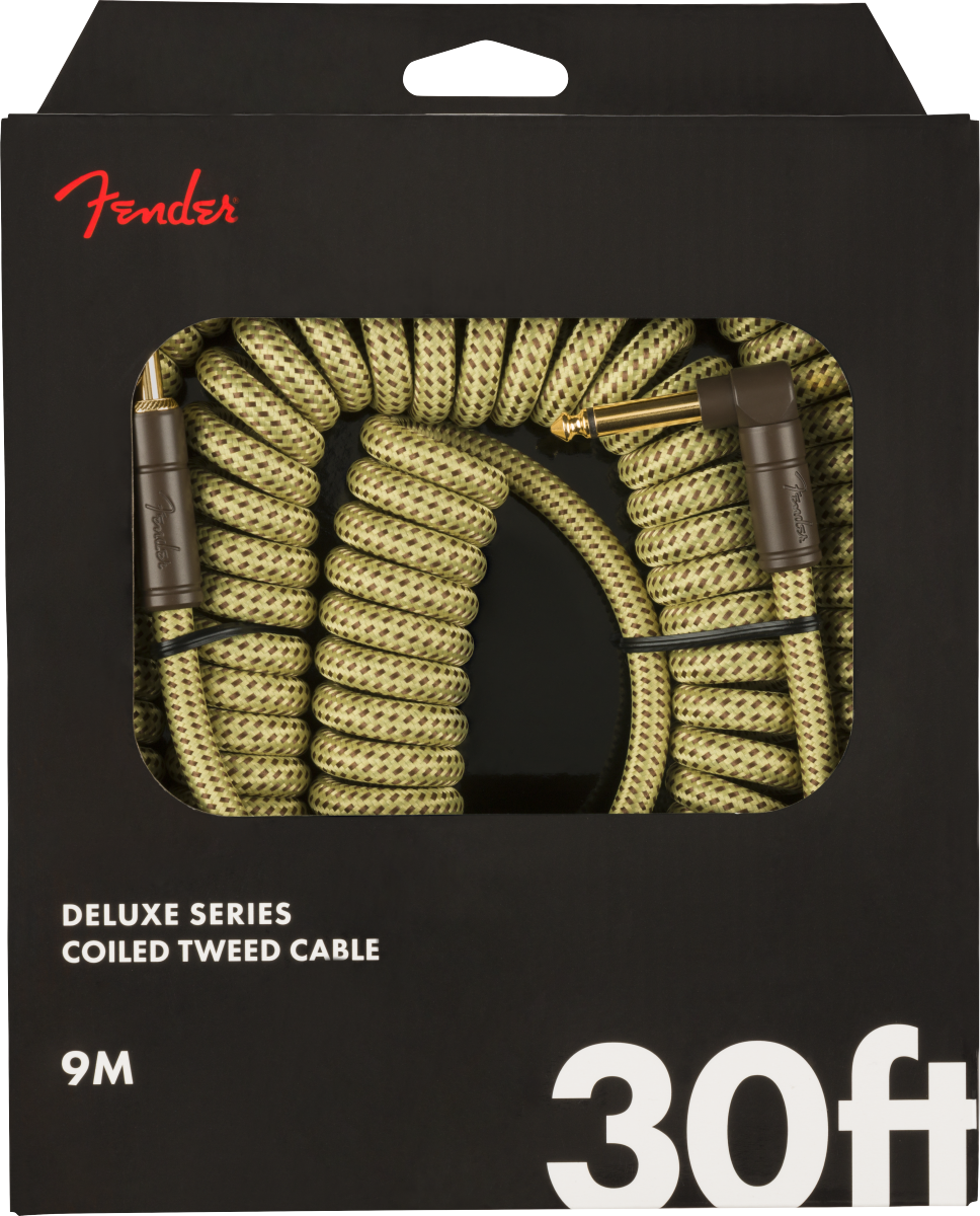 The image shows a Fender Deluxe Series Coiled Tweed guitar cable with a 9-meter (30 ft) coiled design and tweed fabric covering. It features 1/4" gold-colored plugs on both ends, providing flexibility and tangle resistance. The packaging displays the red Fender logo, indicating it’s an official accessory for connecting electric instruments to amps or audio gear, ideal for stage and studio use.