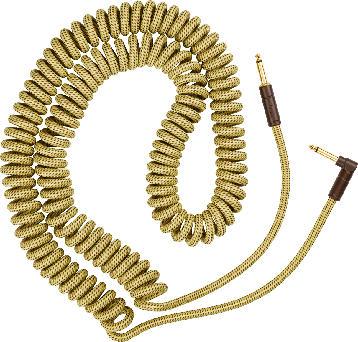 The image shows a coiled instrument cable with a golden braided exterior and textured pattern. It has standard 1/4" gold-plated plugs with dark connector housings. Designed to stretch and retract, it helps reduce clutter, extends reach, and lowers tripping risk. Popular among guitarists and musicians, it connects electric instruments to amps or interfaces while offering durability and a vintage-inspired look.