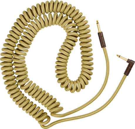 The image shows a coiled instrument cable with a golden braided exterior and textured pattern. It has standard 1/4" gold-plated plugs with dark connector housings. Designed to stretch and retract, it helps reduce clutter, extends reach, and lowers tripping risk. Popular among guitarists and musicians, it connects electric instruments to amps or interfaces while offering durability and a vintage-inspired look.