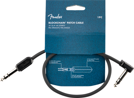 The image shows a Fender Blockchain Patch Cable, a 16" (0.41m) stereo TRS cable with one straight and one angled connector. It features 24 AWG oxygen-free copper conductors, 90% OFC spiral shielding, and a 4.1mm PVC jacket. The black cable has Fender branding on the connectors and comes in blue packaging. Designed for guitar pedals and audio gear, it’s ideal for compact pedalboards and studio setups.