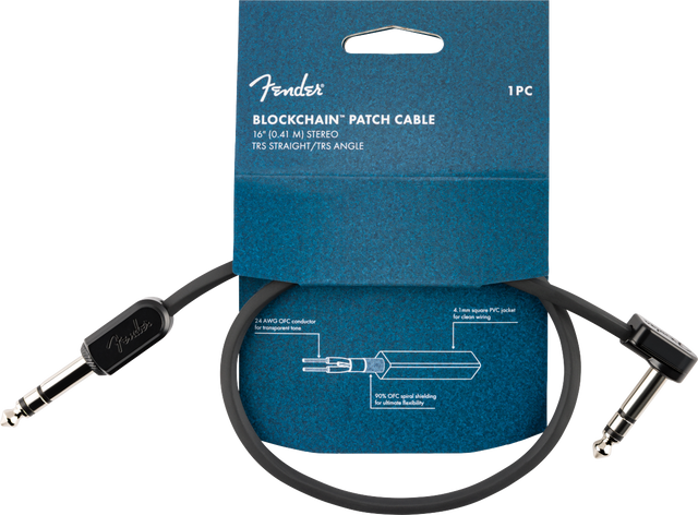 The image shows a Fender Blockchain Patch Cable, a 16" (0.41m) stereo TRS cable with one straight and one angled connector. It features 24 AWG oxygen-free copper conductors, 90% OFC spiral shielding, and a 4.1mm PVC jacket. The black cable has Fender branding on the connectors and comes in blue packaging. Designed for guitar pedals and audio gear, it’s ideal for compact pedalboards and studio setups.