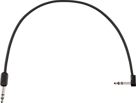 The image shows a short black audio patch cable with 1/4" TS connectors, featuring one straight plug and one right-angle plug. The cable appears branded "Fender" and is designed for connecting instruments like guitars or basses to amps, pedals, or audio gear. Its compact, flexible design makes it ideal for tight spaces and minimizing cable strain.