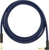 The image shows a guitar instrument cable with a blue and black braided fabric sleeve featuring a chevron pattern. It has gold-plated 1/4" TS connectors, one straight and one right-angle plug. The durable, professionally made cable is used to connect electric instruments like guitars and basses to amps, pedals, or audio equipment, offering protection and flexible connection options.