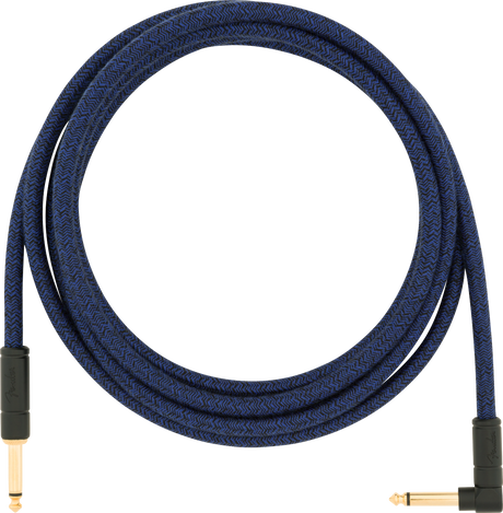 The image shows a guitar instrument cable with a blue and black braided fabric sleeve featuring a chevron pattern. It has gold-plated 1/4" TS connectors, one straight and one right-angle plug. The durable, professionally made cable is used to connect electric instruments like guitars and basses to amps, pedals, or audio equipment, offering protection and flexible connection options.