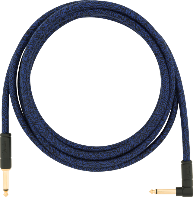 The image shows a guitar instrument cable with a blue and black braided fabric sleeve featuring a chevron pattern. It has gold-plated 1/4" TS connectors, one straight and one right-angle plug. The durable, professionally made cable is used to connect electric instruments like guitars and basses to amps, pedals, or audio equipment, offering protection and flexible connection options.