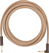 The image shows a guitar instrument cable with a tan braided cloth exterior for durability and a vintage look. It has 1/4" mono gold-plated connectors—one straight and one right-angle—for versatile connections to guitars, pedals, or amps. This high-quality cable ensures reliable signal transmission while minimizing noise and protects internal wiring with its cloth covering.