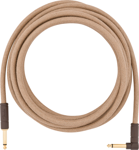 The image shows a guitar instrument cable with a tan braided cloth exterior for durability and a vintage look. It has 1/4" mono gold-plated connectors—one straight and one right-angle—for versatile connections to guitars, pedals, or amps. This high-quality cable ensures reliable signal transmission while minimizing noise and protects internal wiring with its cloth covering.