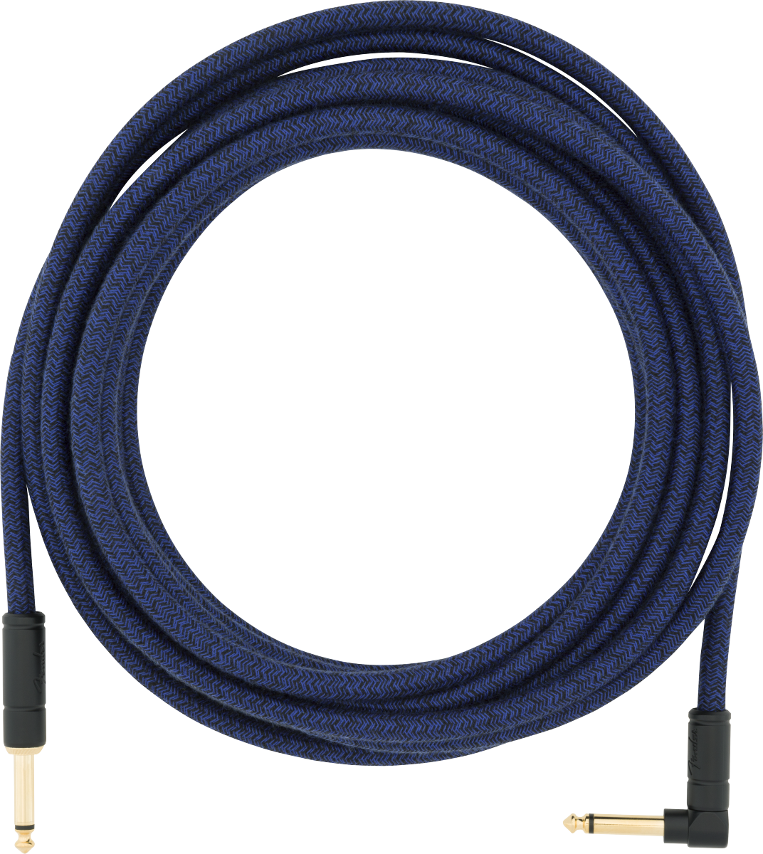 The image shows a professional instrument cable with a braided blue fabric sleeve, gold-plated 1/4" TS connectors—one straight and one right-angled for reduced strain. The durable shielding helps prevent interference, ensuring clear signal transmission. Ideal for electric guitars, basses, and keyboards, it combines durability and versatility for high-quality audio performance.